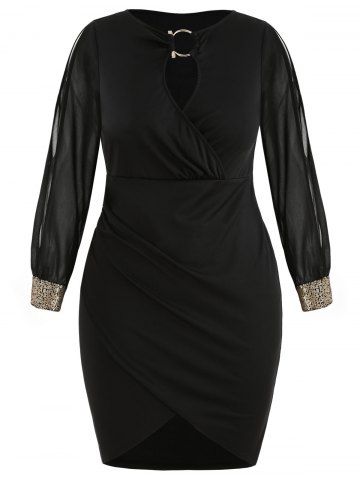 Plus Size O-Ring Buckle Cutout Split Sequins Sleeves Tulip Hem Dress