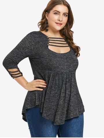 Plus Size Striped Marled Ruched Long Sleeves T-shirt - DARK GRAY - M | US 10