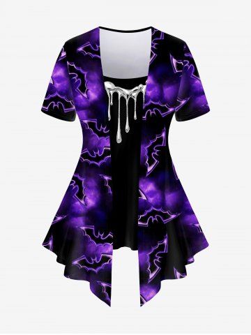 Plus Size 3D Galaxy Bat Tassel Print Halloween 2 in 1 T-shirt - PURPLE - 4X