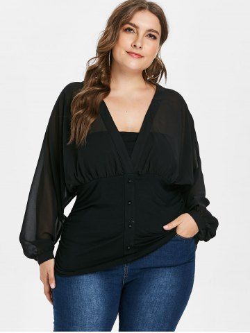 Plus Size Buttons Plunging Chiffon Dolman Sleeves T-shirt - BLACK - M | US 10