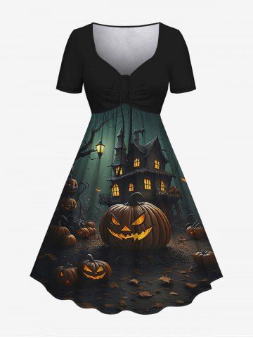 Plus Size Halloween Costume Pumpkin Tree Castle Print Cinched Dress - BLACK - 2X