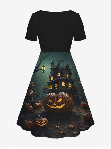 Plus Size Halloween Costume Pumpkin Tree Castle Print Cinched Dress