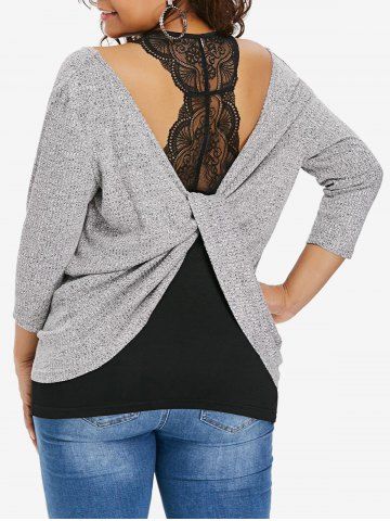 Plus Size Floral Lace Tank Top and Marled Textured Twisted T-shirt - LIGHT GRAY - L | US 12