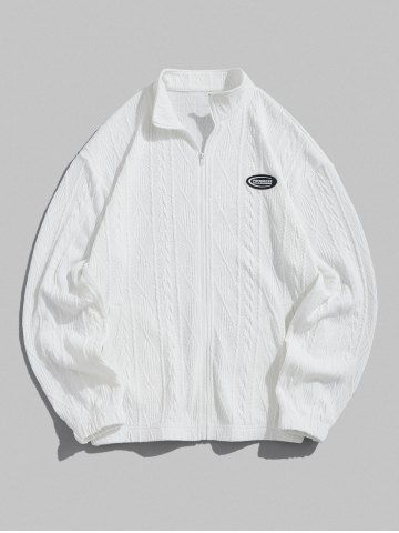 Men's Daily Casual Zip Up Rhombus Cable Knit Jacquard Stand Collar Patched Design Jacket - WHITE - S