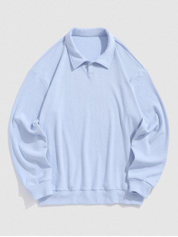 Men's Athleisure Style Solid Color Daily Polo Collar Button Front Long Sleeve Pullover Jumper Knitwear - LIGHT BLUE - XL