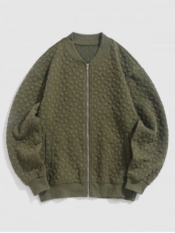 Men's Daily Solid Color Jacquard Textured Zip Up Stand Collar Long Sleeve Baseball Bomber Jacket