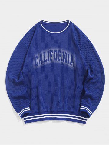 Men's Daily Casual Striped Trim CALIFORNIA Print Drop Shoulder Crew Neck Cricket Jumper Sweater - BLUE - S