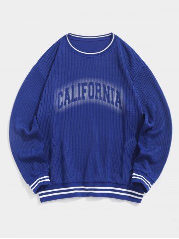 Men's Daily Casual Striped Trim CALIFORNIA Print Drop Shoulder Crew Neck Cricket Jumper Sweater - BLUE - XL