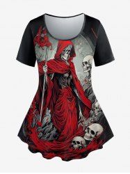 T-shirt D'Halloween Crâne Imprimée de Grande Taille - Rouge 3X