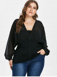 Plus Size Buttons Plunging Chiffon Dolman Sleeves T-shirt -  