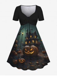 Robe D'Halloween Costume Citrouille et Château Imprimés de Grande Taille - Noir 6X