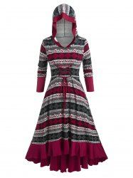 Robe Pull à Capuche Ethnique Figure Imprimé de Grande Taille à Lacets - Rouge foncé 1X | US 14-16