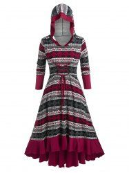 Plus Size Lace Up Ethnic Figure Print Hooded Sweater Dress -  
