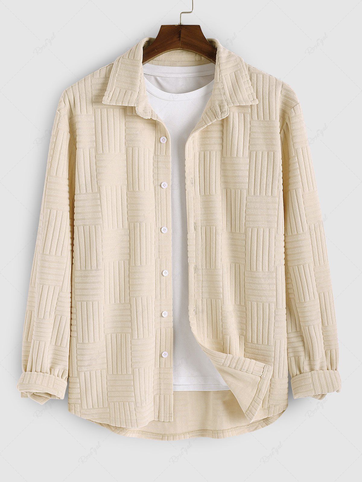 Store Men's Casual Solid Color Terry Cloth Toweling Jacquard Textured Button Up Long Sleeve Shirt  