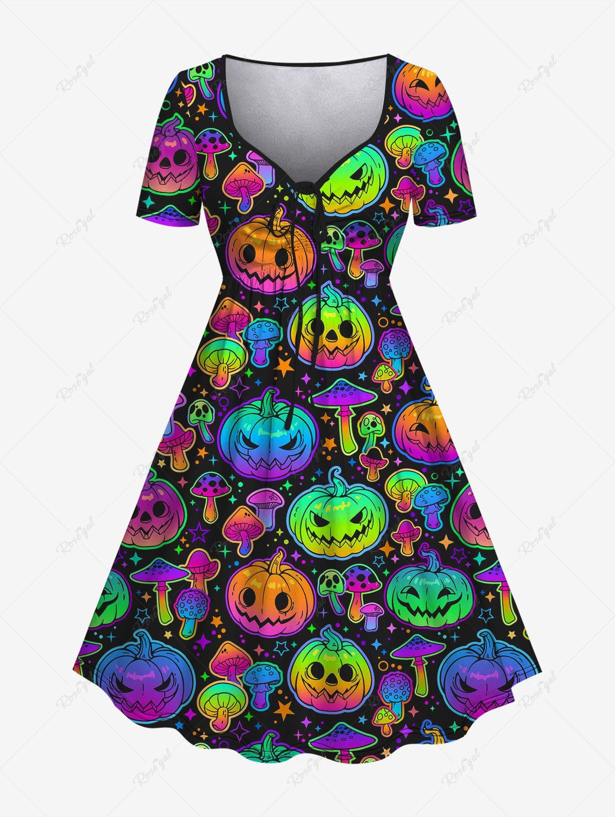 Trendy Plus Size Halloween Costume Pumpkin Mushroom Star Print Cinched Dress  