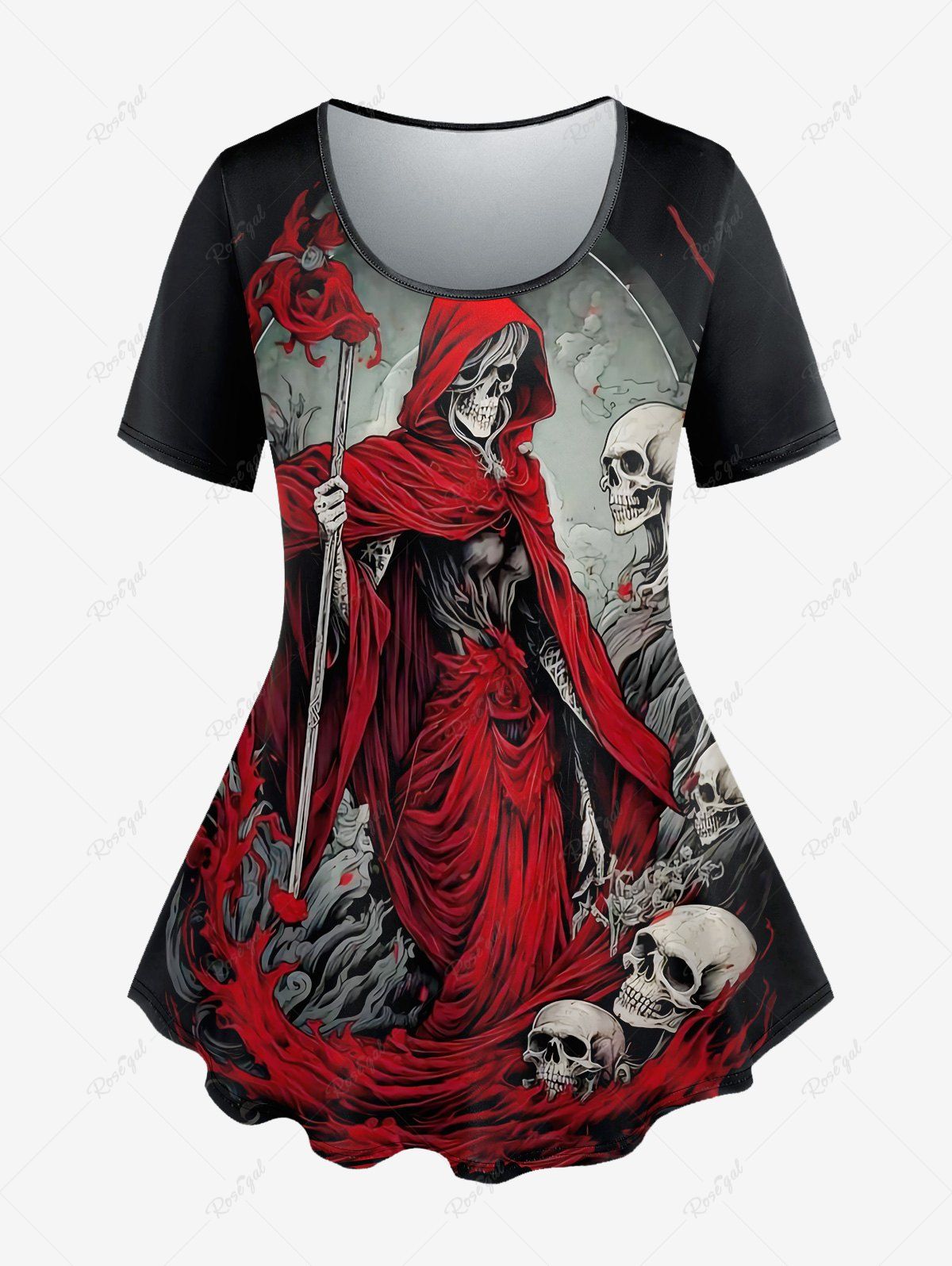 T-shirt D'Halloween Crâne Imprimée de Grande Taille Rouge 6X