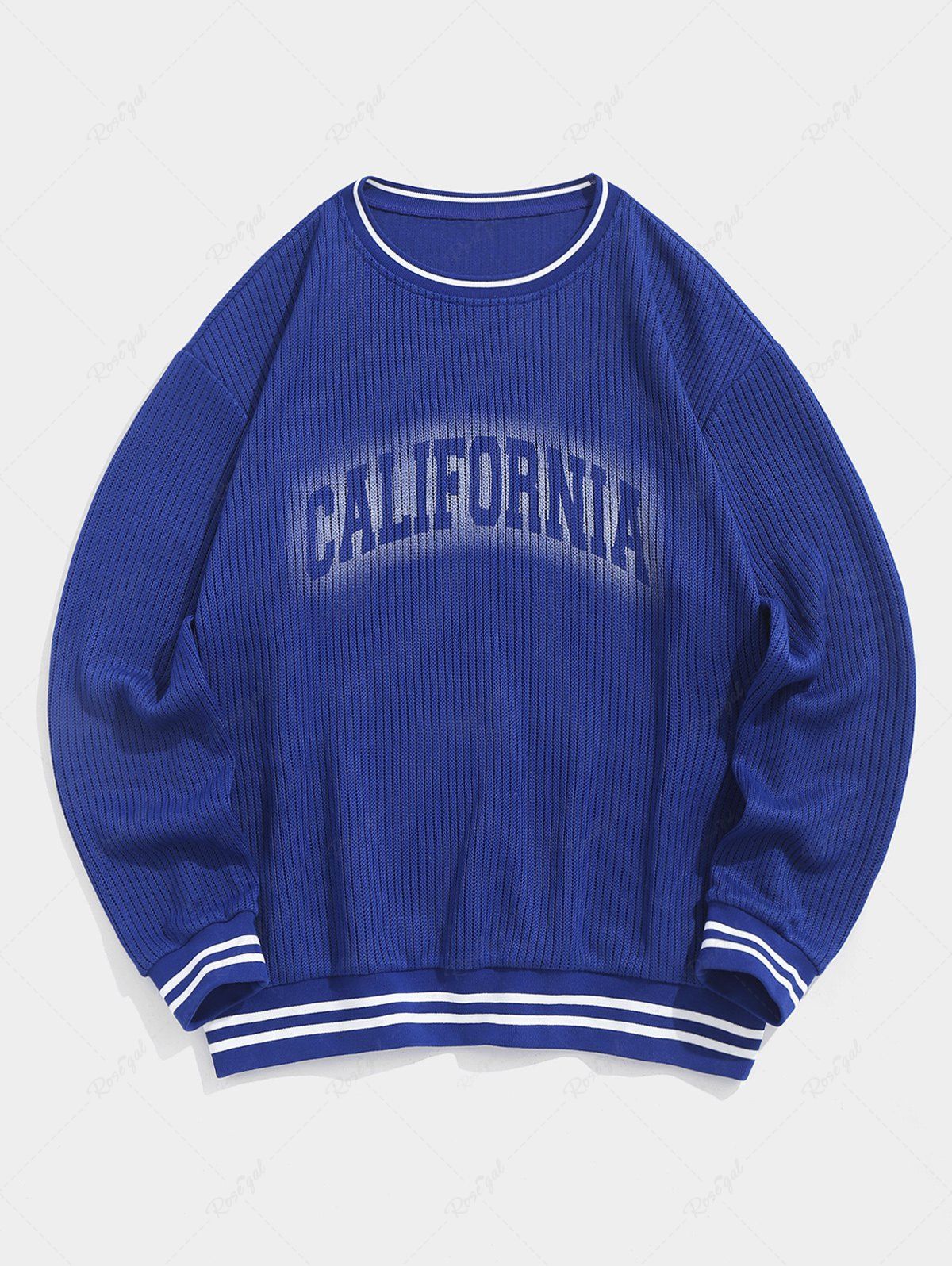 Hot Men's Daily Casual Striped Trim CALIFORNIA Print Drop Shoulder Crew Neck Cricket Jumper Sweater  