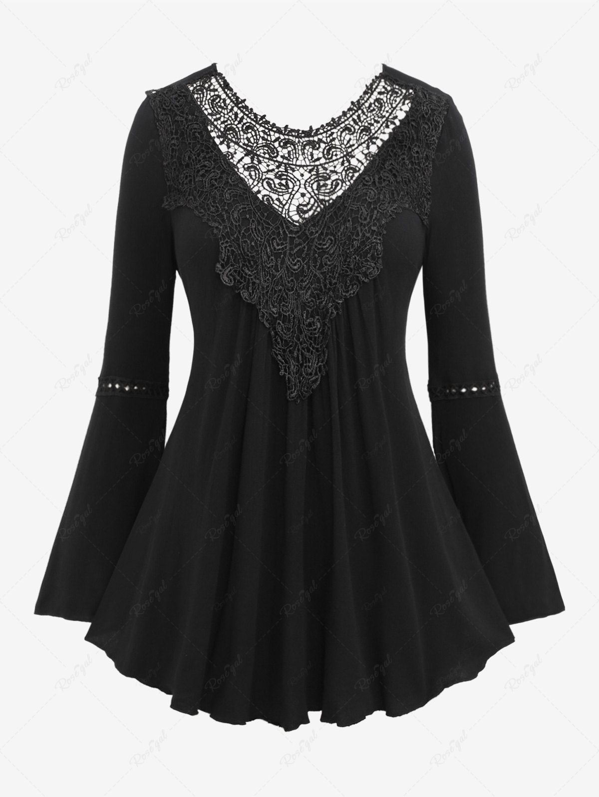 Chic Plus Size Hollow Out Lace Panel Asymmetrical Ruched Blouse  