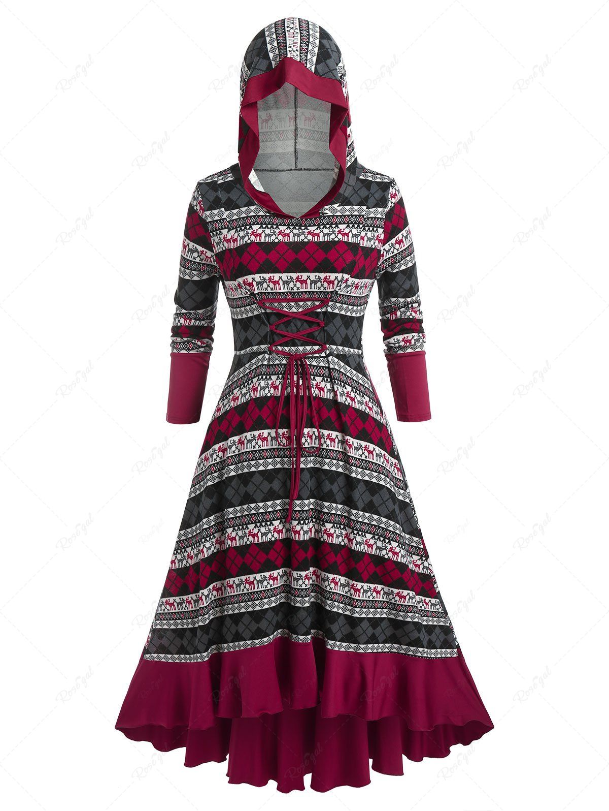 Robe Pull à Capuche Ethnique Figure Imprimé de Grande Taille à Lacets Rouge foncé 4X | US 26-28