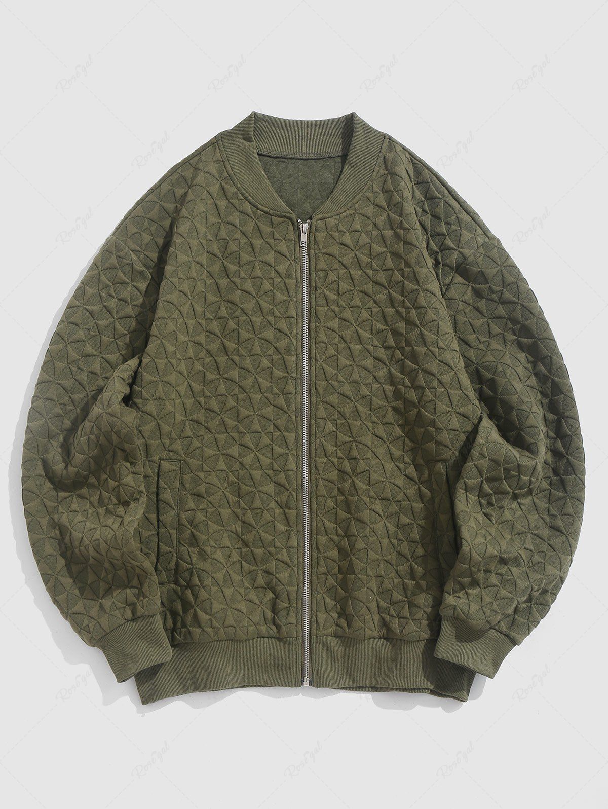 Online Men's Daily Solid Color Jacquard Textured Zip Up Stand Collar Long Sleeve Baseball Bomber Jacket  