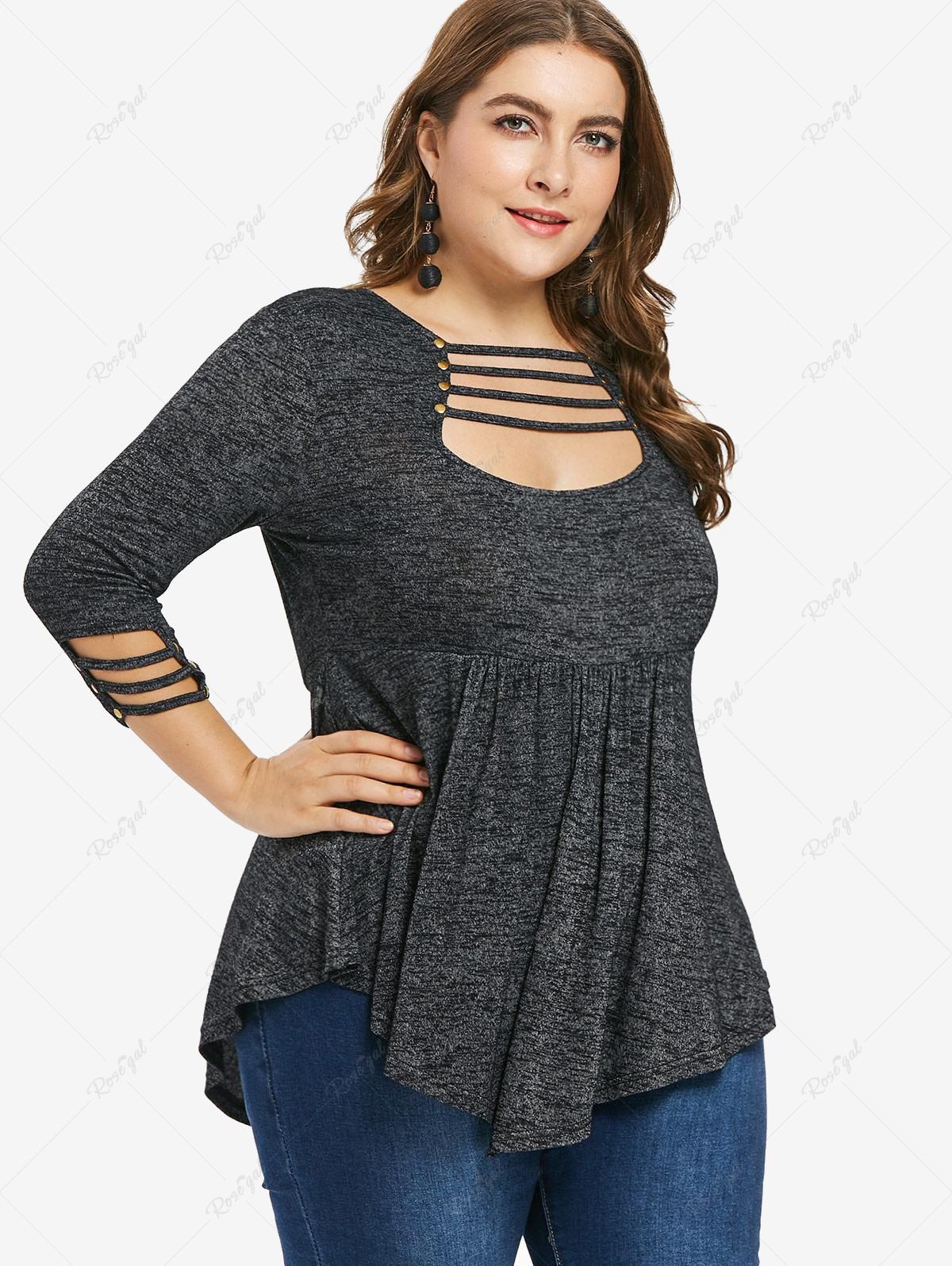 Store Plus Size Striped Marled Ruched Long Sleeves T-shirt  