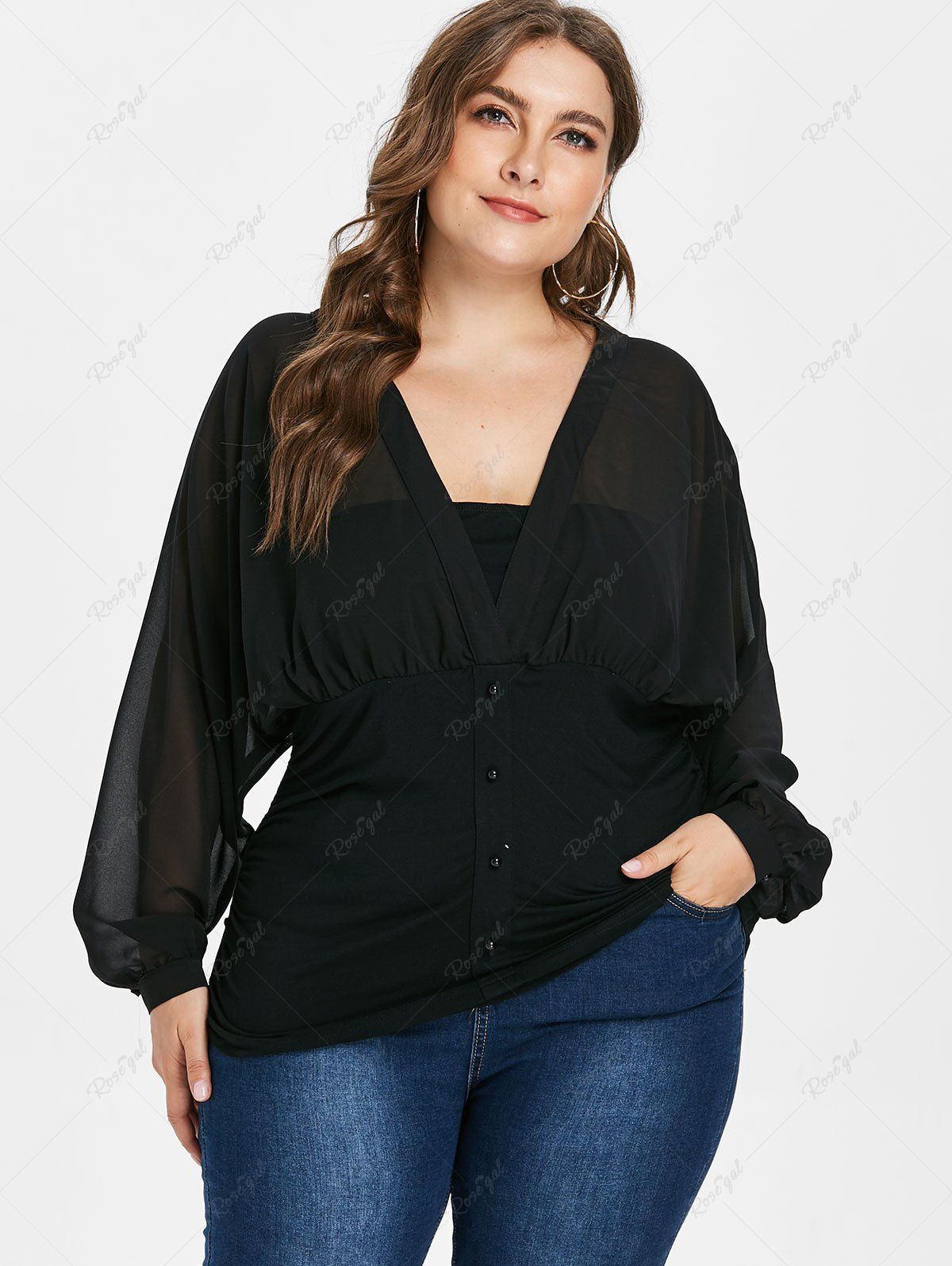 Cheap Plus Size Buttons Plunging Chiffon Dolman Sleeves T-shirt  