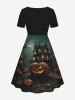 Plus Size Halloween Costume Pumpkin Tree Castle Print Cinched Dress -  