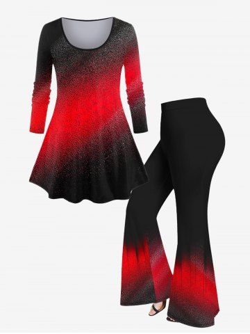 Plus Size Ombre Light Beam Printed Long Sleeves T-shirt and Flare Pants Disco 70s 80s Outfit - RED