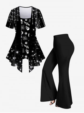 Skull Bat Spider Web Tassel Glitter Printed Asymmetrical T-shirt and Pull On Bell Bottom Pants Plus Size Outfit - BLACK
