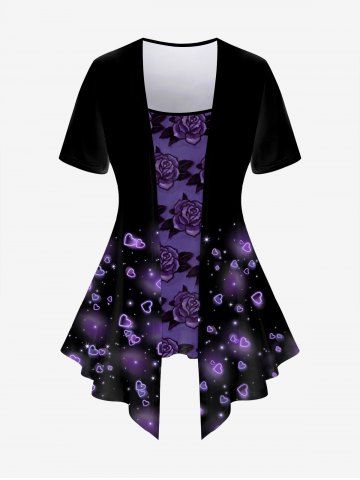 Plus Size Flower Heart Glitter Print 2 In 1 T-shirt - BLACK - L