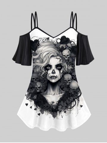 Gothic Skull Heart Bloody Bride Print Cold Shoulder Halloween Cami T-shirt - WHITE - XS