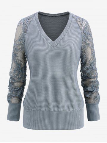 Plus Size Floral Sheer Lace Sleeves Ribbed T-shirt - GRAY - XL