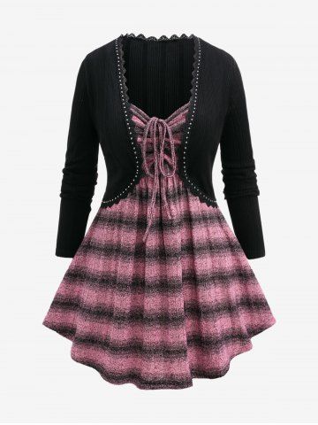 Pull Court Côtelé Rayé à Bretelle Fine de Grande Taille avec Rivet à Lacets - LIGHT PINK - 4X | US 26-28