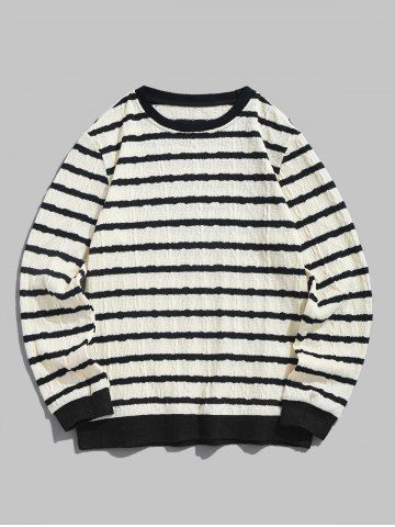 Men's Casual Daily Contrast Edge Design Stripes Cable Knit Crew Neck Long Sleeves Sweater - WHITE - L