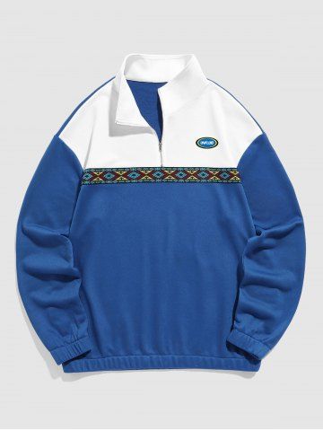 Quarter Zip Ethnic Geometric Print Colorblock Sweatshirt - BLUE - XL