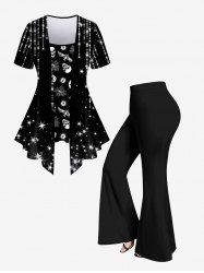 Skull Bat Spider Web Tassel Glitter Printed Asymmetrical T-shirt and Pull On Bell Bottom Pants Plus Size Outfit -  