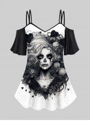Gothic Skull Heart Bloody Bride Print Cold Shoulder Halloween Cami T-shirt -  