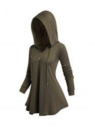 Plain Color Drawstring Mock Button Long Sleeve Casual Hoodie -  
