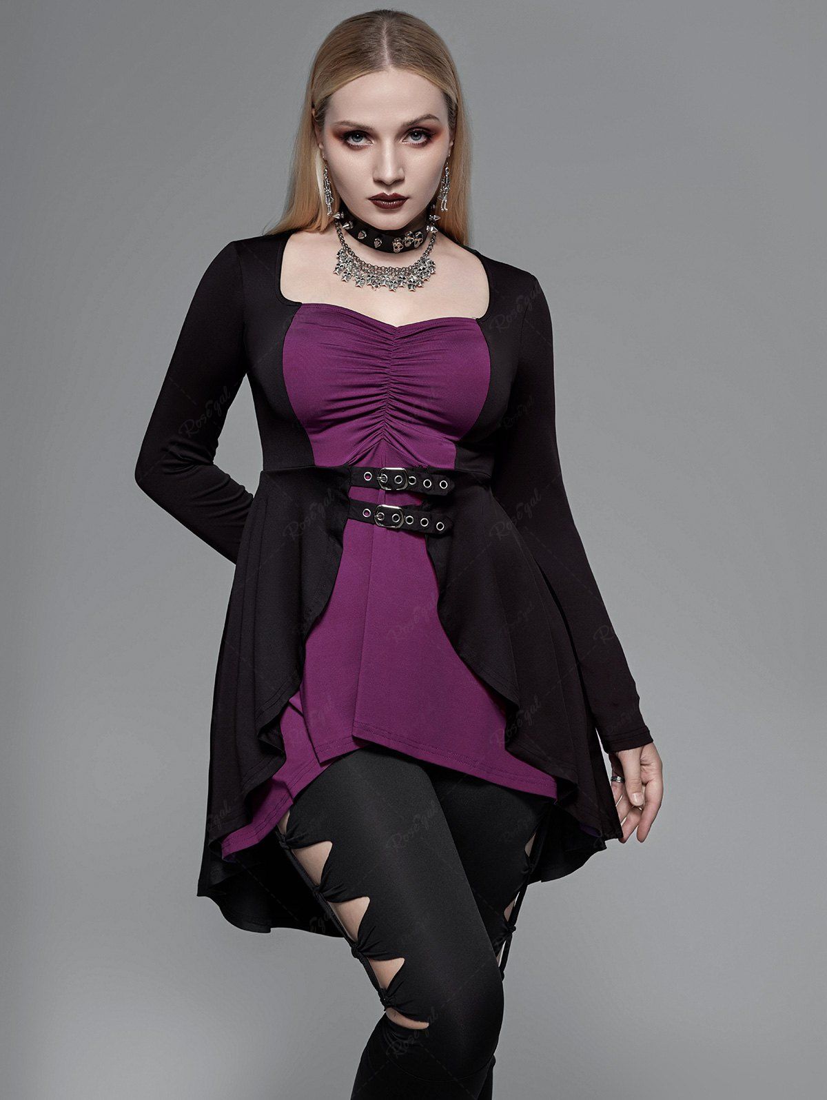 New Plus Size Lace Up Contrast Ruched Grommets Buckle T Shirt  