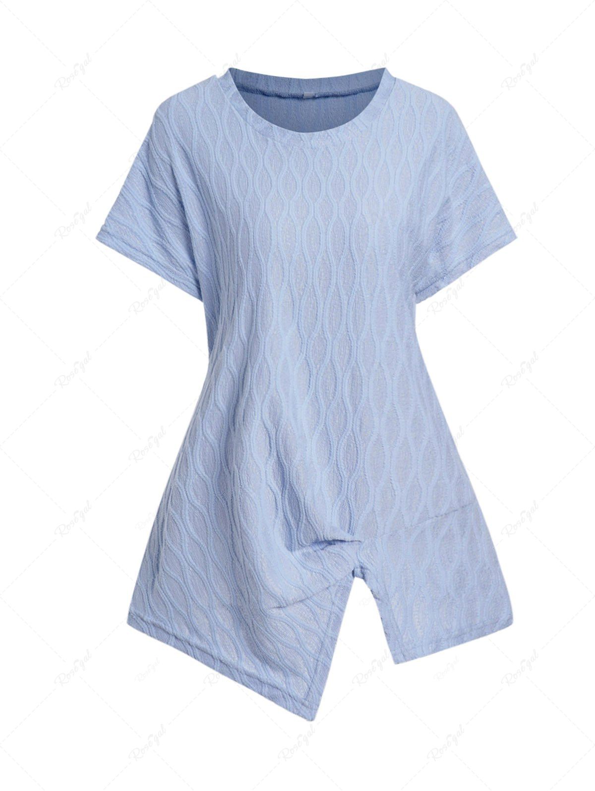 Fashion Textured Asymmetrical Hem Short Sleeve Casual T Shirt  