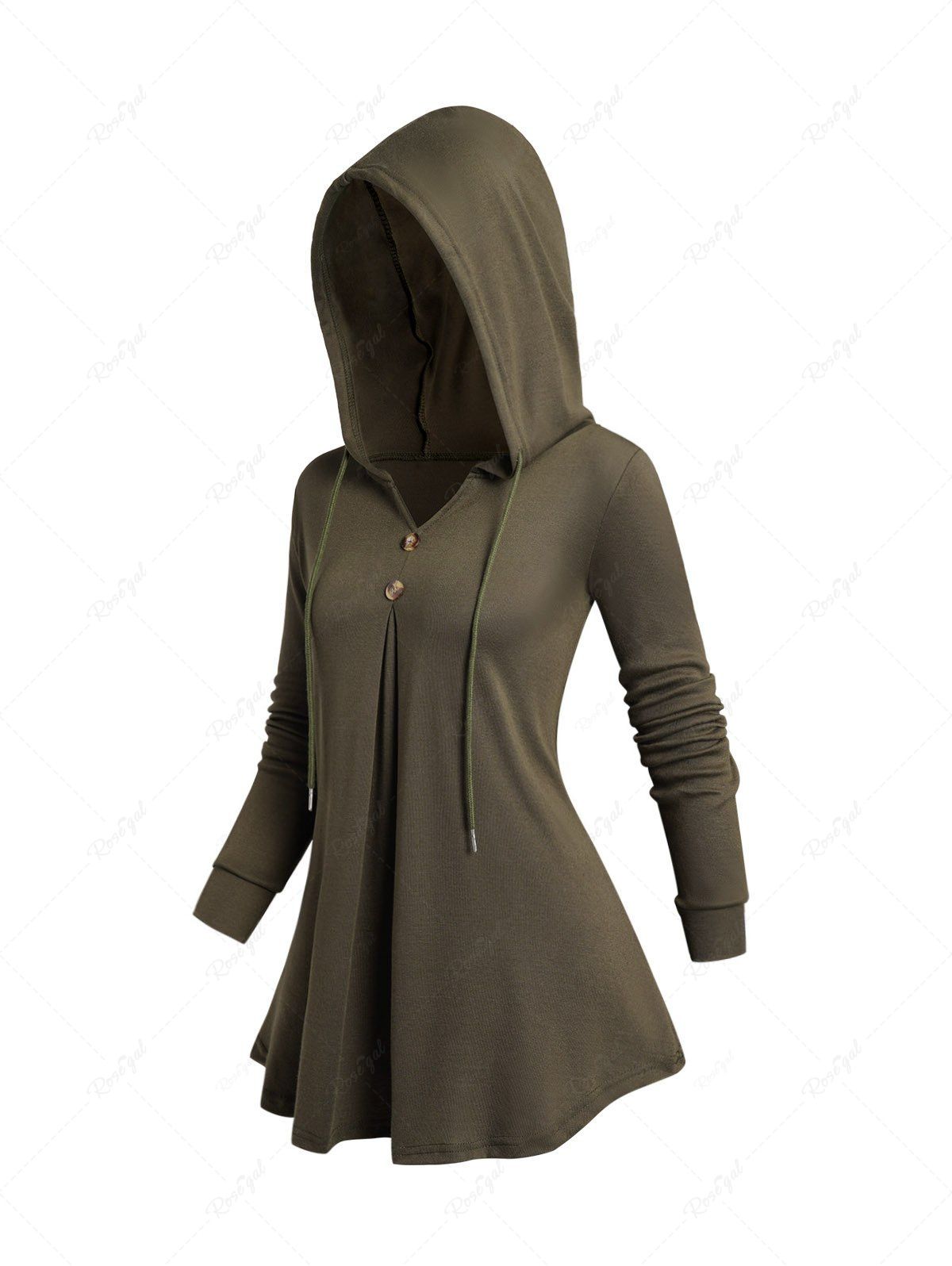 Chic Plain Color Drawstring Mock Button Long Sleeve Casual Hoodie  