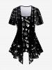 Skull Bat Spider Web Tassel Glitter Printed Asymmetrical T-shirt and Pull On Bell Bottom Pants Plus Size Outfit -  
