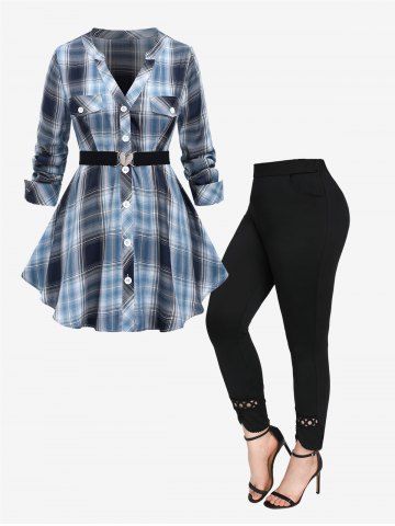 Plaid Printed Button Heart Buckle Belted Blouse and Pockets Zipper Leggings Plus Size Outfit - DEEP BLUE