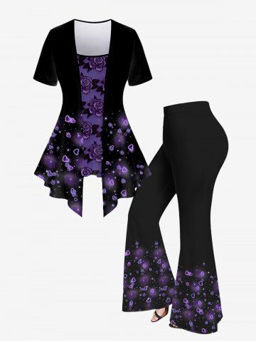 Plus Size Flower Heart Glitter Printed 2 In 1 T-shirt and Flare Pants 70s 80s Outfit - BLACK