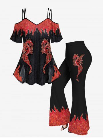 Plus Size Flame Dragon Zipper Printed Cold Shoulder T-shirt and Flare Pants 70s 80s Outfit