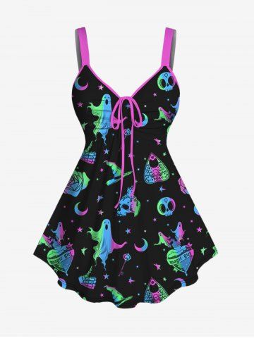 Plus Size Colorful Ghost Skull Heart Hat Print Cinched Halloween Tank Top - MULTI-A - S