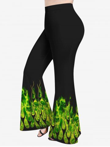 Plus Size Flame Skulls Print Flare Pants - GREEN - XS