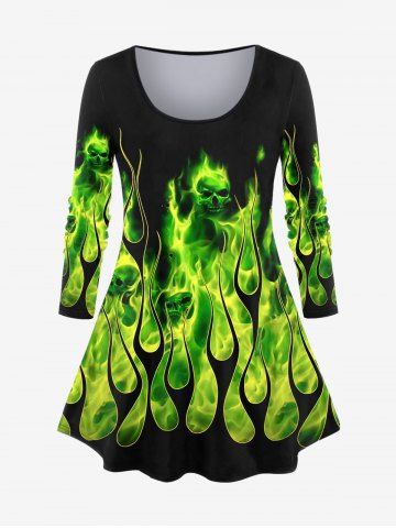 Plus Size Flame Skulls Print T-shirt - GREEN - 1X