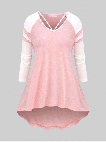 Plus Size Two Tone Raglan Sleeve Tee - LIGHT PINK - 4X | US 26-28