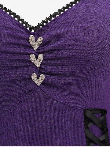 Plus Size Heart Buckle Ruched Lace Trim Lace-up T-shirt